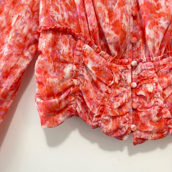 Anthropologie Long-Sleeve Femme Ruched Cropped Blouse Pink & Orange Chiffon Sz L - Picture 6 of 15